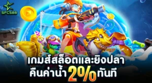 SFC588 promotional banner for slot and fishing games, offering an instant 2% rebate (cashback). Features underwater theme with a treasure hunter, mechanical shark, and gold coins.